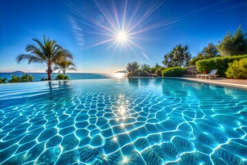 swimming pool with blue ocean and palm trees