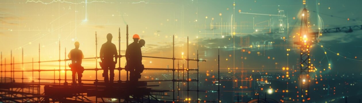 Augmented Reality Construction, Workers on Steel Framework at Dawn with Digital Overlays of Measurements and Blueprints