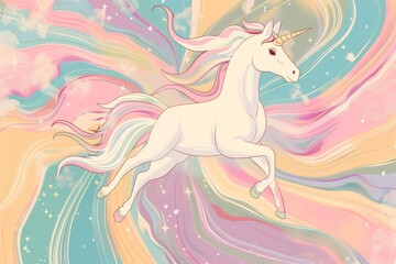 Cartoon cute doodles of a whimsical unicorn galloping through a dreamy, pastel-colored void, Generative AI