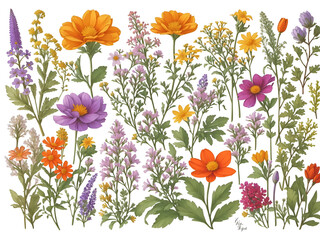 Fototapeta premium Hand drawn detailed watercolor wild flowers illustration. Flowering plants, blooming flowers isolated on white background.