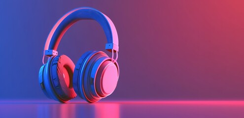 A pink and blue headphone is photographed on a trendy color background