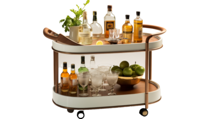 Two Tiered Bar Cart With Drinks, Fruit, And Glassware