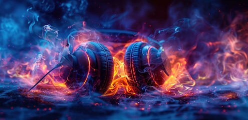 A black headset with a flame effect around it