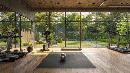 Contemporary Home Gym with Garden View: Inspiring Workout Space with Modern Equipment and Natural Light