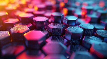 Obraz premium 3D hexagons appearing to pop out from the surface, bright and vibrant colors, hd quality, digital illustration, high contrast, geometric precision, modern design, artistic composition, dynamic.