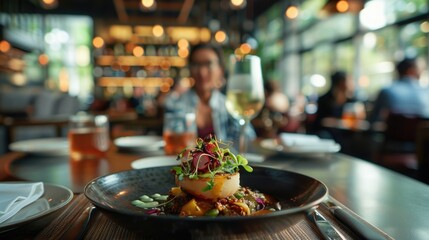 Gastronomic Delights: Foodie Influencer Showcasing Artfully Plated Dish in Trendy Restaurant Setting