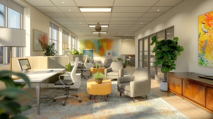 A realistic 3D render of a well-lit office space with a mix of collaborative workstations and private cubicles, decorated with contemporary art and plants.