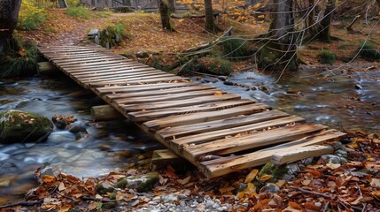 A wooden bridge spans a tranquil stream, surrounded by vibrant autumn foliage.