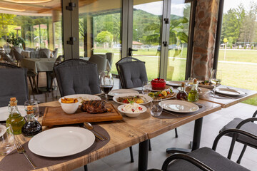 Food served on a table in hotel restaurant