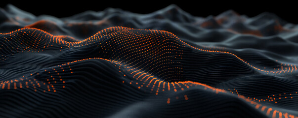 Abstract black dark background with orange dots and lines, creating a wave pattern on the surface of mountains, 3D rendering, white background, high resolution