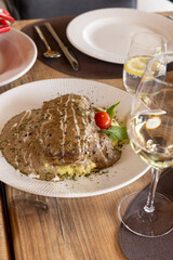 Hunter's steak served with mashed potatoes