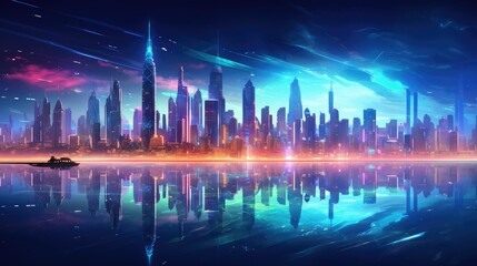 Illuminated futuristic cityscape with neon backgrounds