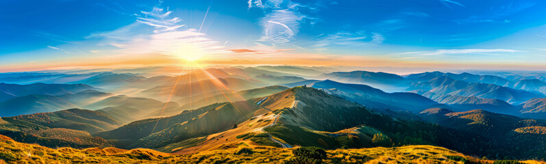 Golden sunrise over a vast mountain range - Powered by Adobe