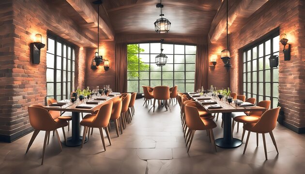 A cozy restaurant interior featuring exposed brick walls and large windows, creating a warm and inviting atmosphere. 
