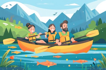 Obraz premium Father and child are boating and illustration on the lake