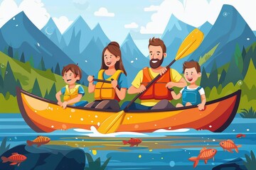 Obraz premium Father and child are boating and illustration on the lake