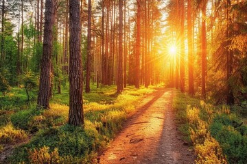 Fototapeta premium Sunlit forest path with trees and greenery, showcasing the serene beauty of nature and the peaceful atmosphere of a morning walk, Generative AI