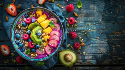 Vibrant Fresh Smoothie Bowl with Fruits, Nuts, and Seeds on Rustic Wooden Table - Healthy and Colorful Vegan Breakfast