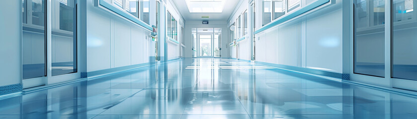 Empty hospital hallway with sharp focus, ideal for medical websites or designs.