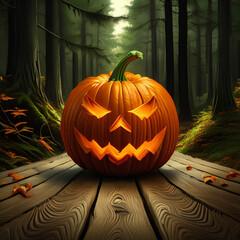 Obraz premium Wood background for Halloween. Halloween Pumpkin in Dark Forest. Generative AI.
