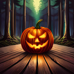 Obraz premium Wood background for Halloween. Halloween Pumpkin in Dark Forest. Generative AI.