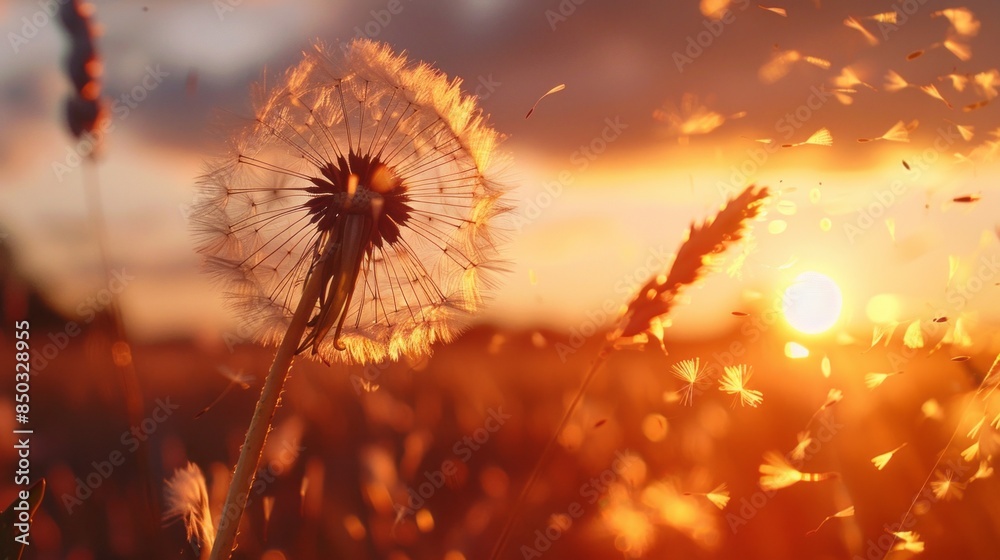 Poster a dandelion is blowing in the wind in a field of tall grass