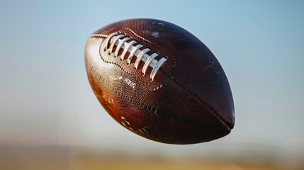Action shot of an American football mid-air, white lacing and stripes visible, textured brown surface, clear sky background, motion blur effect