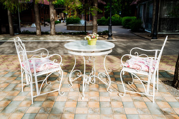 The patio is exquisitely decorated with plants, creating a serene environment for unwinding next to a building. Its a fantastic spot to relax and enjoy some leisure time