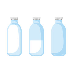 Set of illustrations with full bottle of milk, half and empty. Dairy product