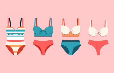 Beachwear collection. Set of bathing suits for woman. Two pieces and one pieces swimsuits