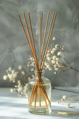 Glass bottle with rattan sticks emitting aroma, creating cozy home ambiance.