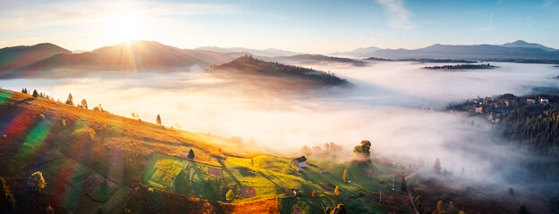 Magical morning valley in dense fog from a bird's eye view. Carpathian mountains, Ukraine, Europe.