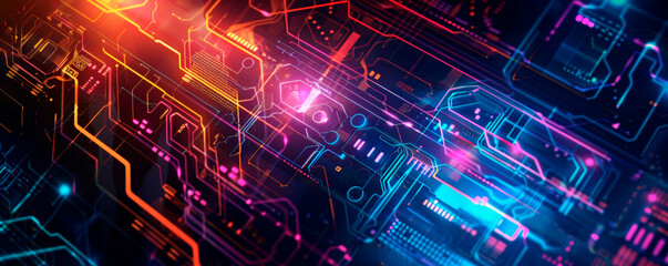 This abstract background features a vibrant array of colors, with dynamic lines intersecting with various sized dots scattered throughout. The lines and dots create a sense. Banner. Copy space