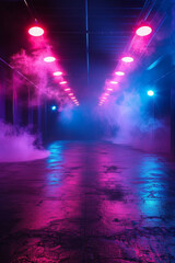 Empty dark street with neon spotlights, concrete floor, and smoke.