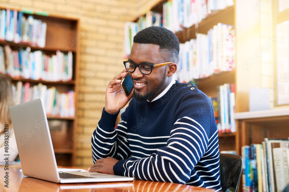 Poster library, website and black man with phone call by laptop for communication, network and information.