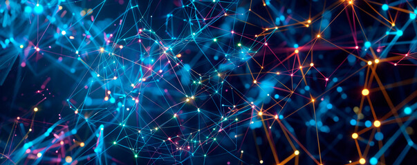 Abstract blue, yellow background intersecting lines , scattered dots creating dynamic visual composition. Artificial Intelligence. AI. Data transmission. Big data. Virtual reality. Banner. Copy space