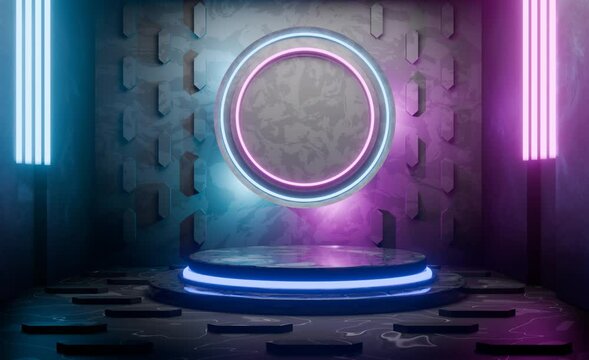Neon light effect podium with light backdrop, dark background, suitable for product showcase, presentation, promotion