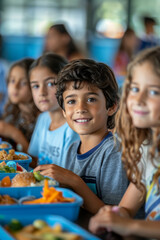 Children having fun with friends during lunch break at school cafeteria.