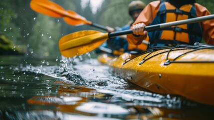 Fototapeta premium Two men in a kayak on a river. The water is splashing over the side of the kayak.
