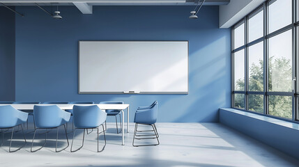 Modern classroom interior with blue chairs and whiteboard by large windows