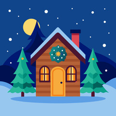 Design a vector graphic for a winter holiday card featuring a cozy cabin in a snowy landscape with twinkling stars and a festive wreath on the door.