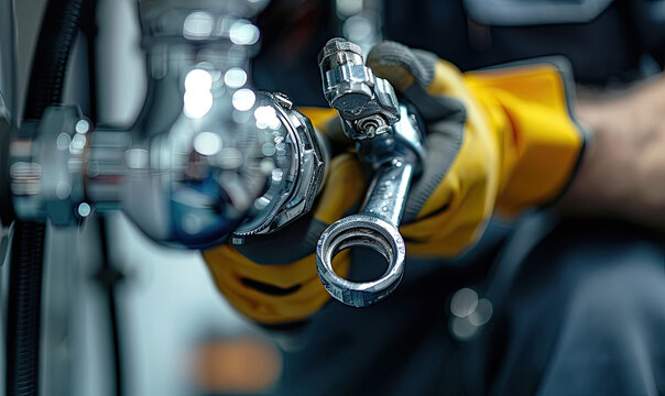 Plumber using wrench for repairing faucet in bathroom