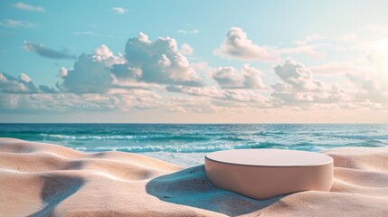 Isolated 3D template for cosmetic advertising, featuring a product podium with a natural sand and ocean background