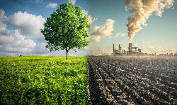 Green meadow versus dry soil showing environmental damage by pollution