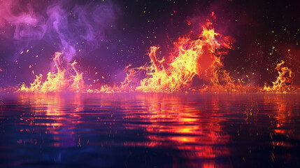 Fire burning above water reflecting flames at night