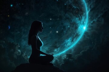Silhouette human lotus position, meditation space galaxy cloud nebula, cosmos background wallpaper