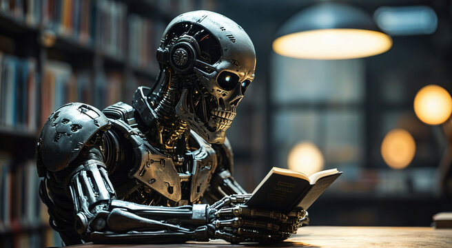 portrait of metalic robot with metal skelleton and skull reading a book, generative AI
