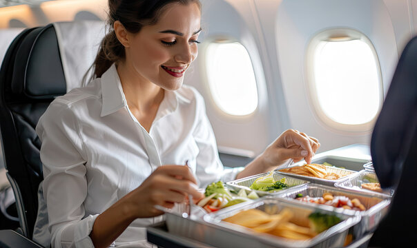 Businesswoman enjoying healthy in flight meal during business trip