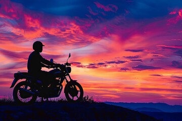 A silhouette of a man sitting on a motorcycle, parked on a hilltop overlooking a vibrant sunset. Generative AI