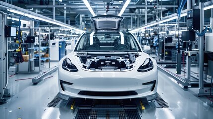 Obraz premium Photo of automobile production line. Welding car body. Modern car assembly plant. Auto industry. High-tech factory